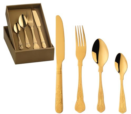 Buyer Star Gold Cutlery Set, 16 Piece Kings Pattern Flatware Set Stainless Steel Silverware Set Forks Knives and Spoons Set Service for 4, Dishwasher Safe