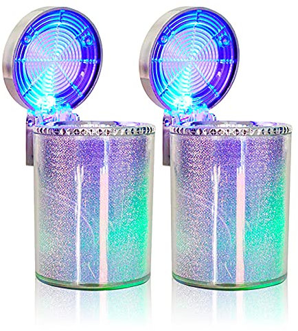 Fcslvy Portable Ashtray with Lid Smell Proof, Car Ashtray, Automatic LED Light, Sealed, Flame Retardant, High Temperature Resistant, Detachable, Large Capacity (2 Pcs)