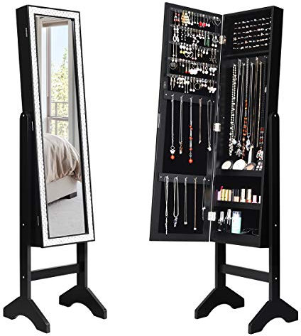 COSTWAY Armoire à Bijoux Verticale avec Miroir Clair Pleine Longueur et Angle Légèrement Réglable, Système de Triage et de Rangement pour Tout Type de Bijoux (Noir)
