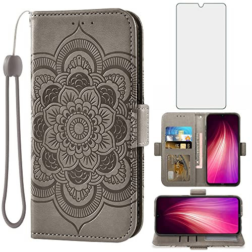 Asuwish Funda para Xiaomi Redmi Note 8 Pro con Cristal Templado Protector Pantalla Vidrio Pelicula Protectora Libro Cuero Piel Tarjetero Soporte Note8 8pro M1906G7G Tapa Carcasa Movil Capa Case Gris