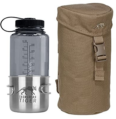 TACWRK x Tasmanian Tiger TT Bottle Holder Isolierte,gepolsterte Trinkflaschen-Tasche mit Molle-System, Rucksack-Flaschenhalter inkl. 1L Nalgene Weithals Trink-Flasche TT Handle Mug 500, Coyote Brown