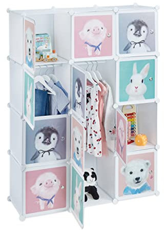Relaxdays Steckregal Kinder, 8 Fächer, mit Türen, Tier-Motive, Regalsystem für Kinderzimmer, HxBxT: 145x109x37 cm, weiß