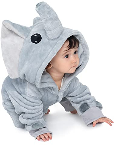 corimori Flauschiges Elefanten-Kostüm für Babies, Neugeborene, | Karneval Fasching Kostüm Onesie für Mädchen, Jungen | Körpergröße 70-90cm