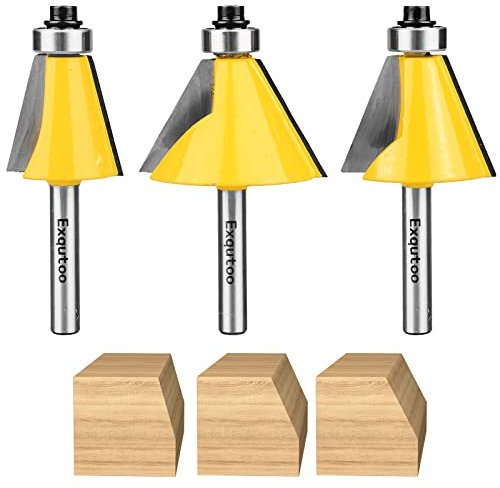 Exqutoo 3 Piece Chamfer Router Bit Set Kit, 1/4 Shank, 15, 22.5, 30 Degree Cutting Angle, 1 Cutting Length