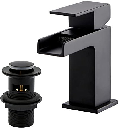 BATHWEST Monobloc Brass Basin Taps with Pop Up Waste and Sink Plug - Matte Black Waterfall Square Basin Mixer with Drain - 612AMBK