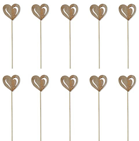 DARO DEKO Holz Blumen-Stecker Herz Natur 10 Stück 7 x 35cm Dekostecker Blumenstab Herzstab Holzstecker