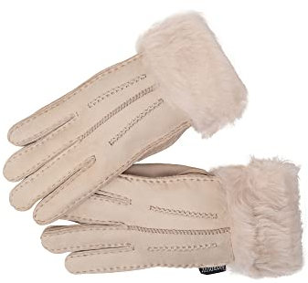 Nordvek Damen Handschuhe aus Lammfell, umklappbarer Bund, Veloursleder, Nr. 301 100, Beige, M/L