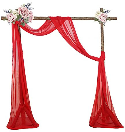 Lukery Hochzeit Vorhang Hochzeitsbogen, Querbehang Gardine Freihanddeko Himmelbett Vorhänge Stoff Tüll Transparent Voile Dekoration für Babyparty Party Hochzeit Torbogen (75x600cm,Großes Rot)
