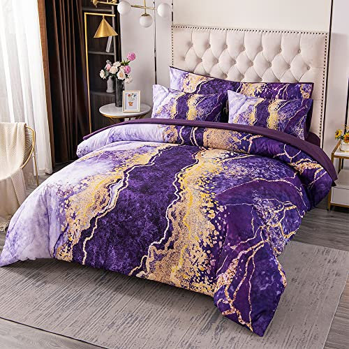 PERFEMET Violettes Bettwäscheset California King 6-teilig bunt Marmor gemustert Bettwäsche mit Laken Aquarell abstrakte Kunstwerke Bett in einer Tasche Steppdecken-Set (Lila, Cal King)