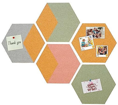 Sechseckige Korkplatte für Wanddekoration (5 Stück) – dekoratives Bild mit Reißzwecken und Zangen – Fliesen aus echtem Kork für Moodboard