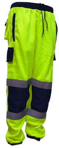 Dolce Vari 100% Polyester Hi Viz Mens Work Trousers Hi Viz Jogging Bottoms Safety Sweat Pants Multi Pockets Super Soft Hi Vis Cargo Security Work Wear Trousers (3XL, Yellow Navy)