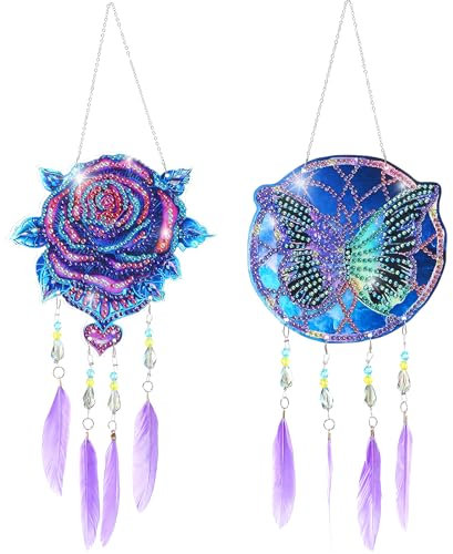 AUAUY Diamond Painting Traumfänger Bastelset, 2 Stück 5D DIY Punktbohrer Diamantmalerei Windspiel, Lila Doppelseitige Malerei Ornamente mit Federanhänger für Hausgartendekoration Geburtstagsgeschenk