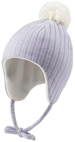 Sterntaler Inka Mütze mit Rippenmuster - Warme Mädchen Mütze mit angeschnittenen Ohrenklappen und Bindeband - Bommelmütze aus Mischgewebe, gefüttert mit Baumwollfleece - blasslila, 49