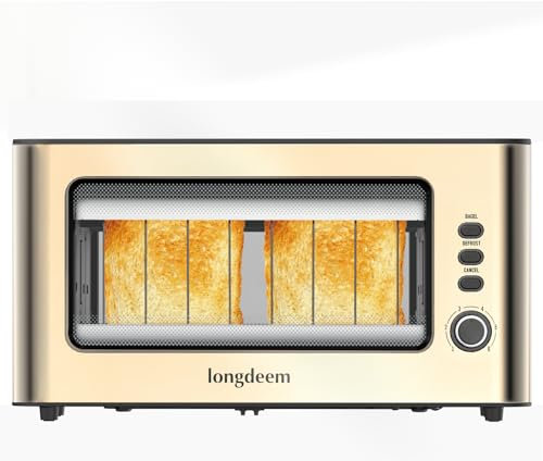LONGDEEM 2 Slice Toaster 1.75 Extra Wide Slots, See Through Window 6-Shade Settings & Bagel/Defrost/Cancel Function, Removal Crumb Tray & Under Base Cord Storage (Gold)