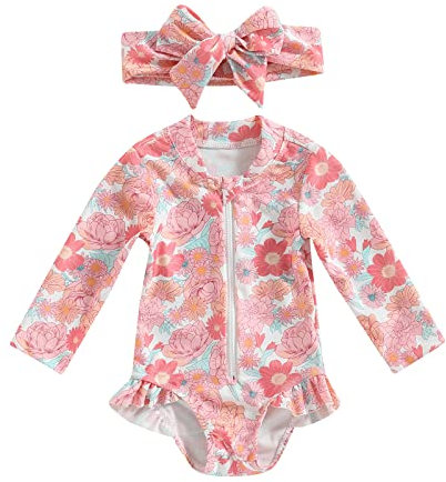 Siyova Costume da Bagno Intero Neonata Tuta Costume da Mare Spiaggia Piscina Bambina Manica Lunga Stampa Flamingo/Fiore con Cerniera Estate Primavera (Rosa Fiore, 6-9 Months)