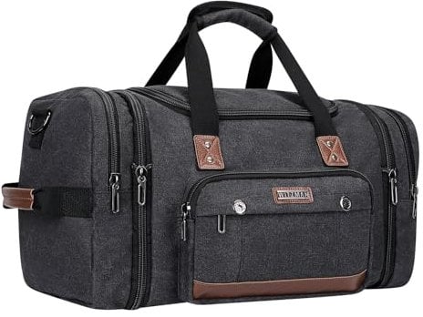 WITZMAN Canvas Reisetasche Herren Groß Weekender Travel Bag 48L Erweiterbare Handgepäck Flugzeug Sporttasche（A8007 Schwarz