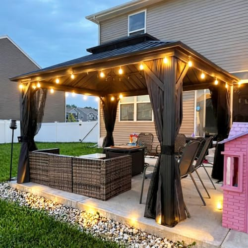 PURPLE LEAF Tonnelle de Jardin Extérieur Aluminium 3,65 x 3 m avec Éclairage Intégré, Pergola Jardin Extérieur à Double Toit en Acier Galvanisé, Pavillon avec Rideaux pour Fête, Barbecue, Gris