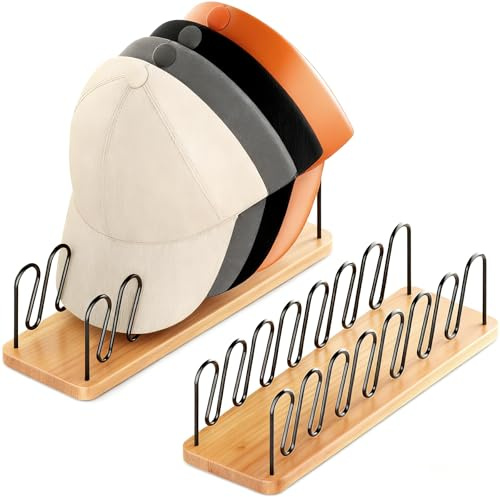 UdoUto Hat Organizer for Baseball Caps, 2 Pack Wood & Metal Hat Rack