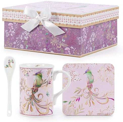 EHC Porcelain Phoenix Design Tea/Coffee Mug with Spoon & Coaster Set, Microwave Safe, Oven Safe, Dishwasher Safe, Gift Boxed, 320ml - Ideal for Tea, Coffee, Latte, Hot Chocolate, Gifts and More