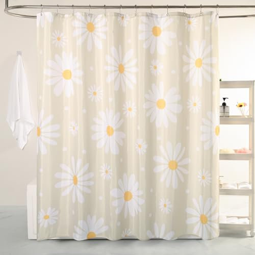 QJHOMO Duschvorhang-Set mit Blumenmuster, niedliches Gänseblümchen-Motiv, waschbar, wasserdicht, Stoff, moderner Bauernhaus-Duschvorhang mit 12 Haken, bunte Blumen-Duschvorhänge, 183 x 183 cm, Beige