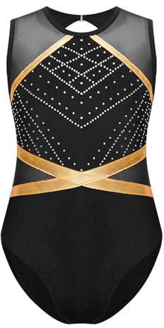 Xnihocha Mädchen Turnanzug Glitzer Gymnastikanzug Ärmellos Sportbody Einteiliger Leotard Ballett Trikot Ballettanzug Wettkampf Tanzkostüm Schwarz 146-152