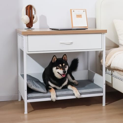 Modernes Hundebett Beistelltisch mit Aufbewahrungsschublade, offenes Design, Hundekäfig-Möbel, abnehmbar, waschbar, multifunktional, Nachttisch für kleine, mittelgroße Hunde, Innenbereich, Weiß