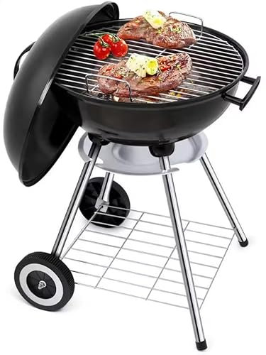 Tragbarer Holzkohlegrill mit 4 Beinen und Rädern zum Kochen im Freien, Barbecue, Camping, BBQ, Kohle-Kesselgrill – robust, rund, mit verdickter Grillschale für kleine Terrassen und Hinterhöfe