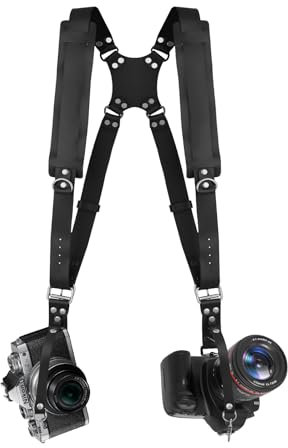 Bebaimis Kameragurt für 2 Kameras, Kamera-gurt Leder Doppelschulter für 2 Kameras mit doppeltem Tragegurt aus Leder und verstellbarem Schultergurt,Kameragurte Ledergurt für DSLR/SLR,SCHWARZ