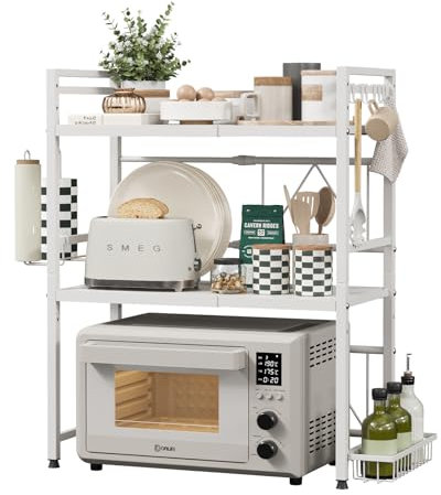 NETEL Expandable Microwave Shelf,3-Tier Microwave Stand with spice basket and kitchen roll holder,Microwave Oven Rack with 8 Hooks,Bakers Rack,Kitchen Countertop Organiser,white