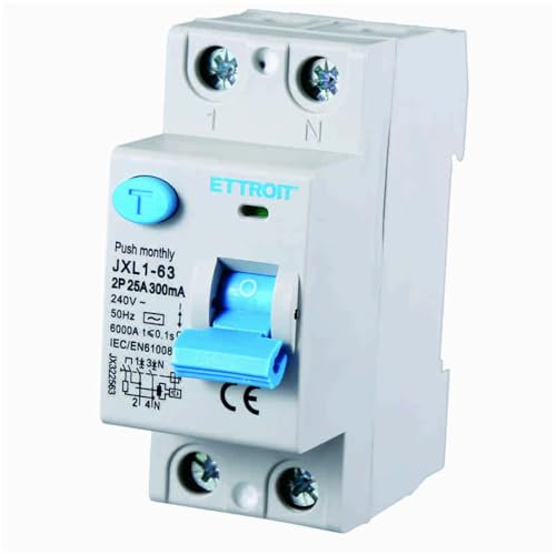 Interruttore differenziale puro, 2P 2 poli, occupa 2 moduli, Tipo AC, 220V 230V AC, 25A C25, 300mA, 6KA 6000A, RCCB, Montaggio su guida DIN