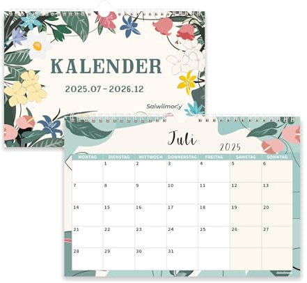 Saiwiimody Wandkalender 2025 2026 Kalender Juli 2025 bis Dezember 2026 Familienplaner mit Ferien Pflanzenblumen Familienkalender für Zuhause Büro Monatskalender Jahreskalender Planung, 31 x 21 cm 