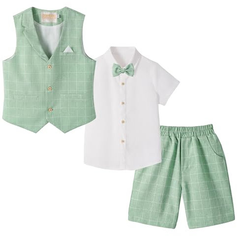 LOLANTA 4 STK Kleinkind Junge Sommerhochzeit Kinderanzug, Festliche Anzüge Westen Set für Kinder, Sommerlicher Jungen Anzug, Salbeigrün, 116-128 (Tag 130)