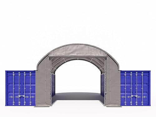TOOLPORT Frontwand für Container Überdachung 6m Breite – PRIMEtex 2300 PVC Plane, grau, mit Easy-UP-Eingang