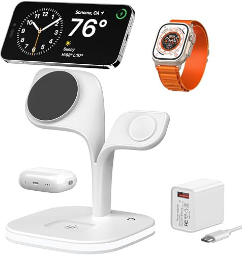 EXW Magnetic Wireless Charging Station,3 in 1 Mag-Safe Charger Stand for iPhone 16/15/14/13/12/Pro/Pro Max/Mini,Fast Charging Station for Apple Watch and for AriPods(White)