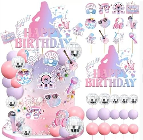Singer Cake topper 28PCS Pink Cake Decoration with Music Superstar Happy Birthday Cake Topper and Disco Cupcake Decor for Lover's Concert Theme Birthday Party Supplies Music Fans Girls