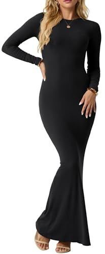 IWOLLENCE Bodycon Dresses for Women UK Long Sleeve Maxi Dress Ladies Elegant Ribbed Round Neck Bodycon Maxi Dress Modest Long Dresses for Women (Black, M)