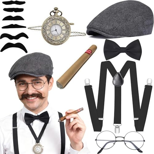 20er Jahre Kostüm Herren Accessoires (7-teilig) - Roaring 20s Mafia Accessoires Kit mit Schiebermütze, Hosenträger & Taschenuhr - Perfekt für Karneval, Birmingham Style & Charleston Motto-Party