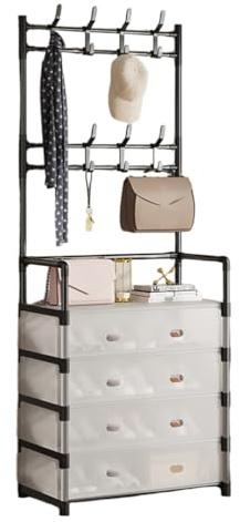 Yinghesheng Garderobenständer mit Schuhablage, Garderobe Kleiderständer Stabil mit 4 Ablagen und 8 Haken, Garderobenständer Metall für Flur, Eingang, Wohnzimmer,Schwarz,57D x 35W x 168H cm