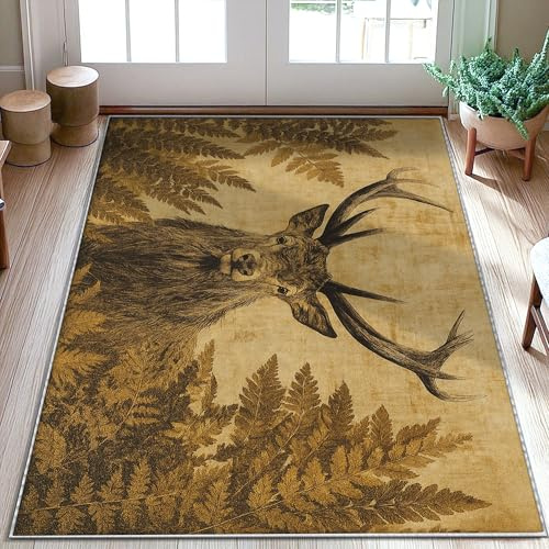 Stag Area Rug, Rustic Natural Fern Antlers Fall Brown Low Pile Doormat Accents Rug Fade Resistant Entryway Bathroom Laundry Room Decor 3' X 5'