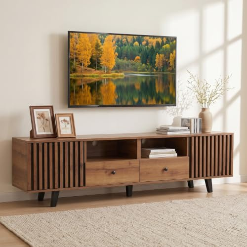 TV-Schrank, Lowboard für Fernsehtisch bis zu 80 Zoll, Vintagebraun-Schwarz | Fernseher mit 2 Schubladen, 2 Türen, 2 offenen Fächern, Lowboard mit Verstellbarer Ablage, Wohnzimmer, 180 x 40 x 50 cm