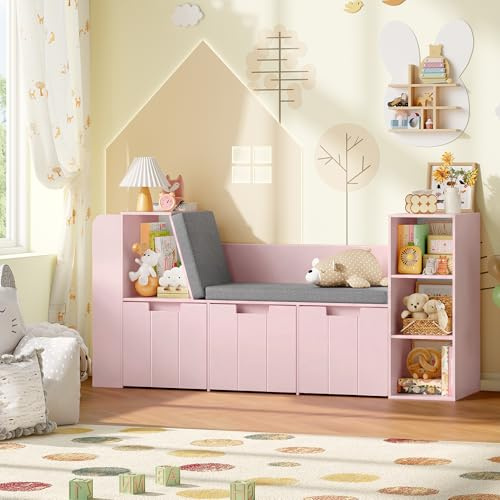 HOCSOK 156 cm barnregal med sittbänk, lackerad yta, förvaringsfack | Barnhylla leksakshylla med lådor på hjul, barnrumsmöbler, MDF, vit/rosa, 156 × 40 × 80 cm