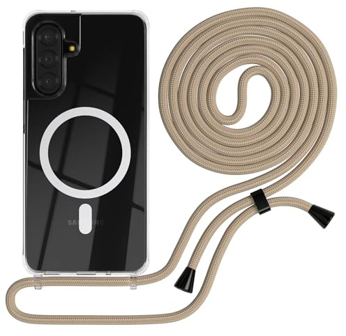 EAZY CASE - Handykette kompatibel mit Galaxy A17 Kette zum Umhängen Stoßfest Handyhülle für Galaxy A17 Silikon Hülle mit Band Handytasche Transparent als Fallschutz in Taupe Camouflage - Clips Silber