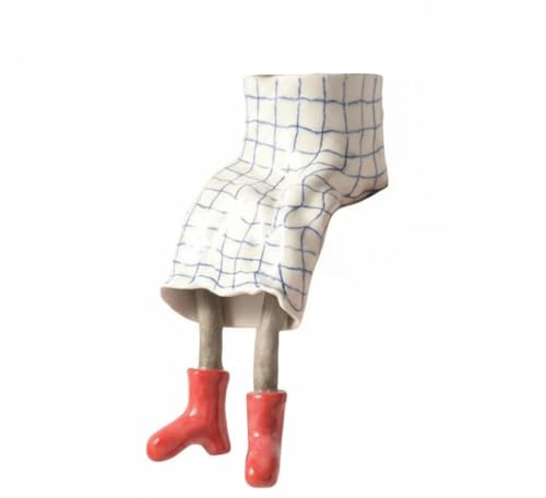 F Fityle Resin Leg Planter Conversation Starter Decor Quirky Human Flower Pot Sculpture for Shelf Desk Windowsill Home Office 15cm, White Grid Skirt With Red Boots