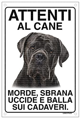 Lovelytiles Chien Corso Attention au chien mord tue et danse sur les cadavres. Plaque Métal Blanc Décoratif personnalisé 20 x 15 cm avec 4 trous