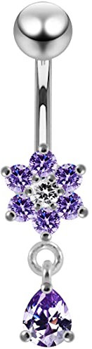 Monster Piercing Trendige Blume Lavendel Crystal Stein und Teardrop Design Sterling Silberbarren Bauch Piercing