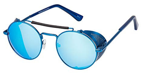 Ultra Blau mit Blauen Linsen Steampunk Tiefblende Sonnenbrille Retro Damen Herren Rundbrille Metall Gothik Kreis Cyber Cosplay Brille UV400 Unisex