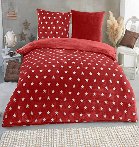 MALIKA Warme Winter Plüsch Sterne Wende-Bettwäsche Nicky-Teddy 'Cashmere Touch' Coral Fleece viele Farben & Größen, Farbe:Weinrot, Größe:200 x 200 cm
