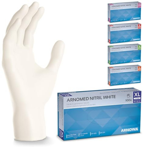 ARNOMED Nitril Einweghandschuhe 100 Stück/Box, XL, weiß, latexfreie Einmalhandschuhe, puderfreie Nitrilhandschuhe, in Gr. S, M, L & XL verfügbar