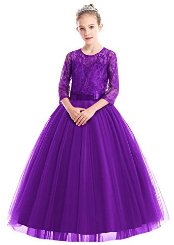 IBTOM CASTLE Robe Enfant Fille Anniversaire Fête de Princesse d'honneur Cérémonie Mariage Fleur Bowknot Manches 3/4 Dentelle Robe Tulle Tutu Soirée Robe Bal Communion Violet 11-12 Ans