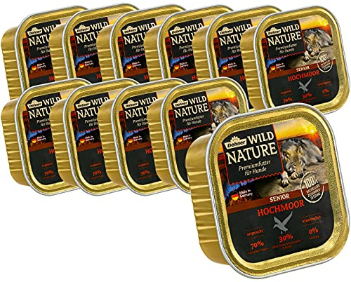 Dehner Wild Nature Hundefutter Hochmoor, Nassfutter getreidefrei / zuckerfrei, für ältere Hunde, Ente, 11 x 150 g Schale ( 1.65 kg)